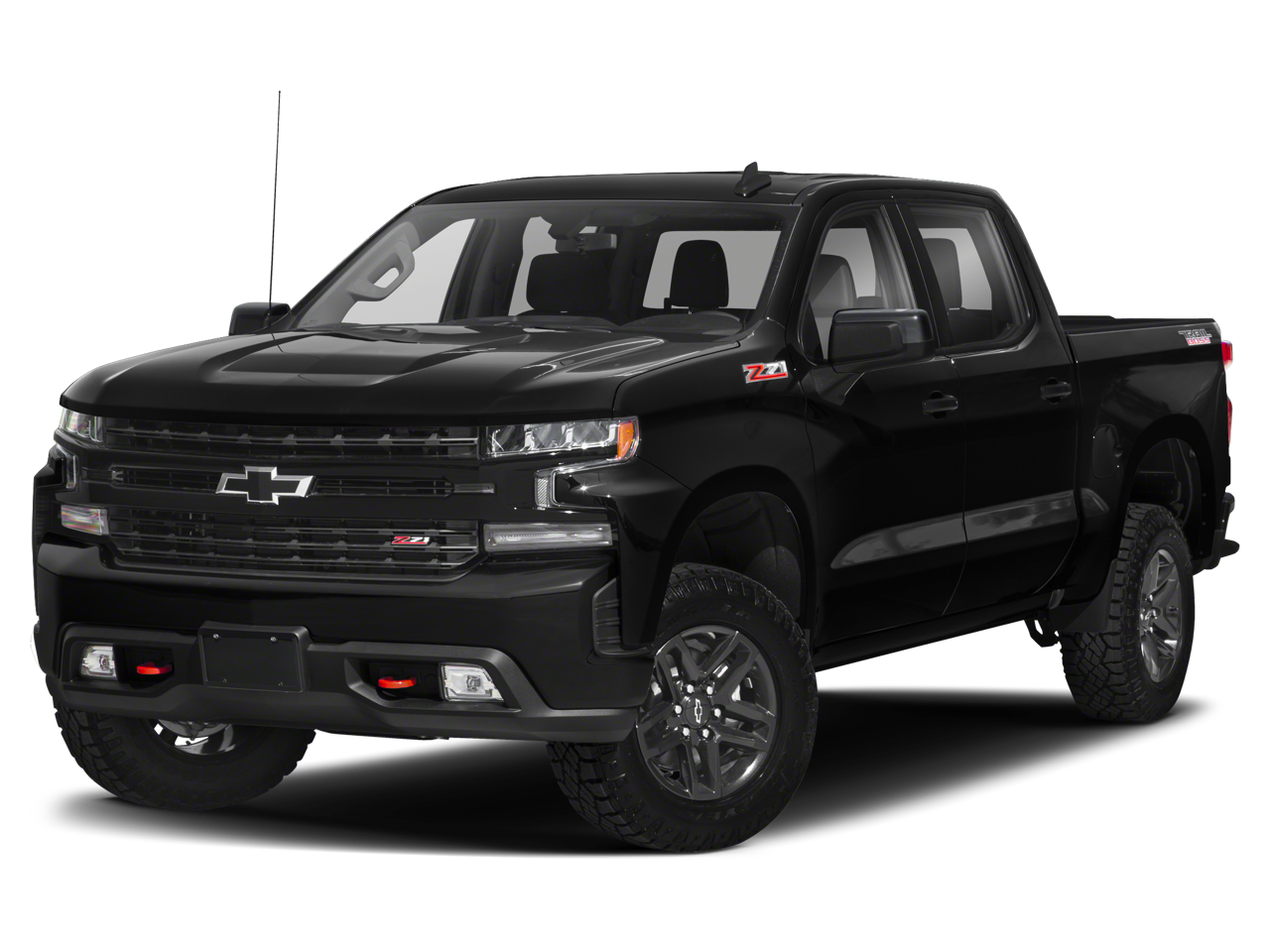 2021 Chevrolet Silverado 1500 Crew Cab Short Box 4-Wheel Drive LT Trail Boss in Black — front three-quarter view